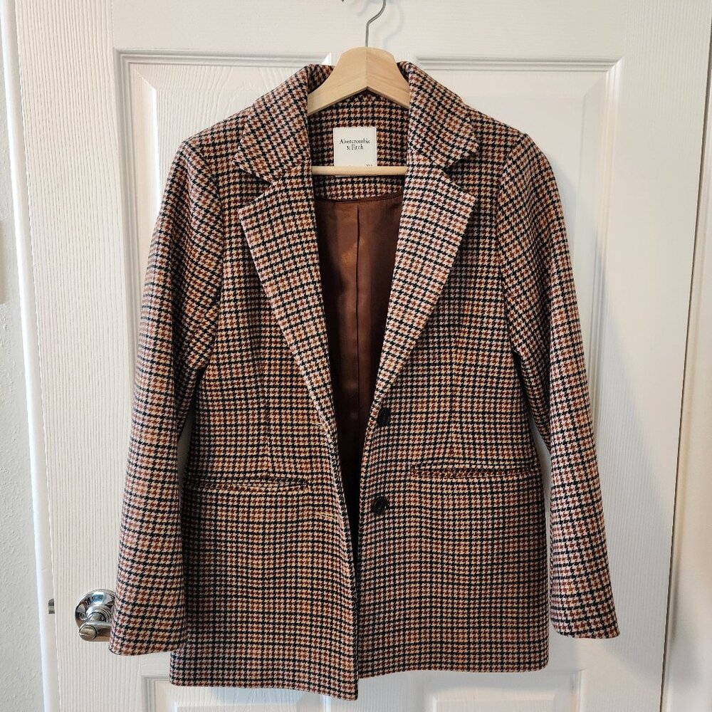 Abercrombie & Fitch Brown Plaid Houndstooth Blazer Coat Wool Blend